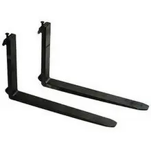 Front view of a black forklift fork attachment with two metal forks extended.